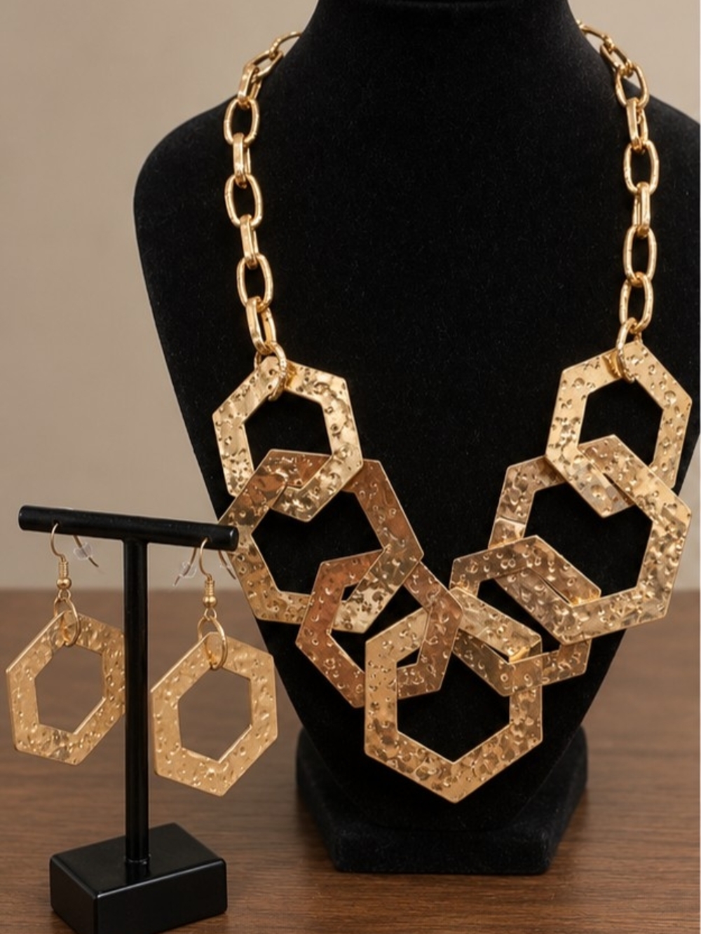 Gold-Tone Hammered Geometric Statement Necklace & Earrings Set